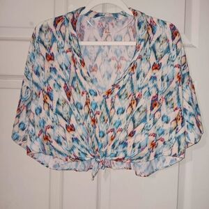 Zara Colorful Patterned Blouse Sz S Tie Front V Neckline